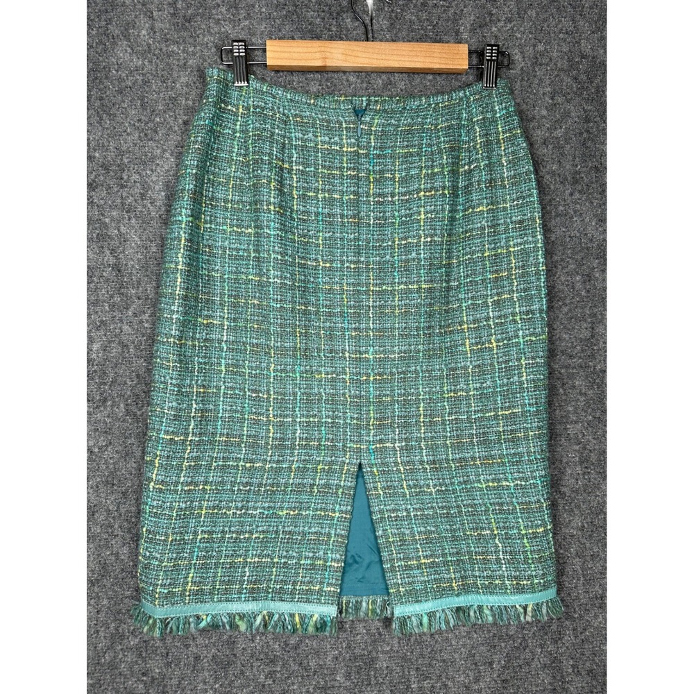 Lafayette 148 Womens Leather Trim Tweed Skirt 6 Professional Green Wool Blend - Picture 6 of 12